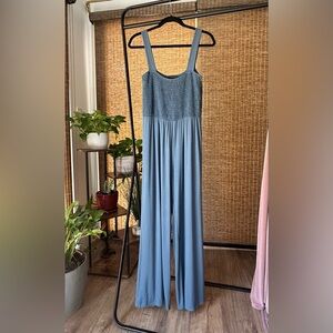 Light Blue Smocked Sleeveless Jumpsuit with Wide-Leg Design